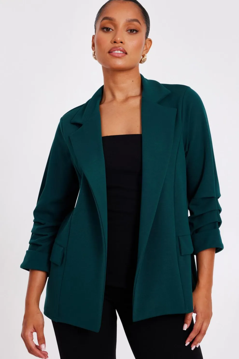 Petite Bottle Green Ruched Sleeve Blazer