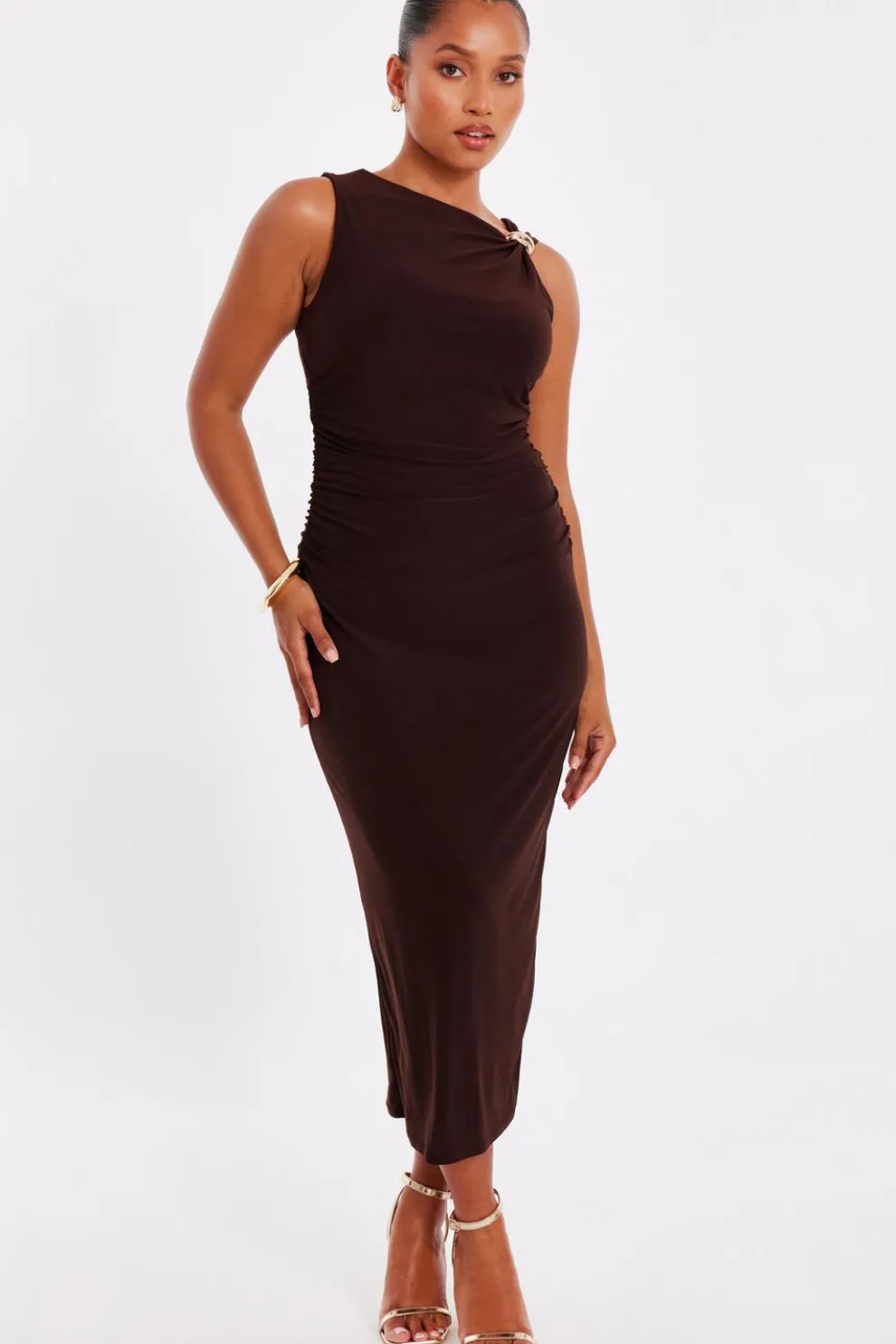 Petite Brown Gold Buckle Midaxi Dress