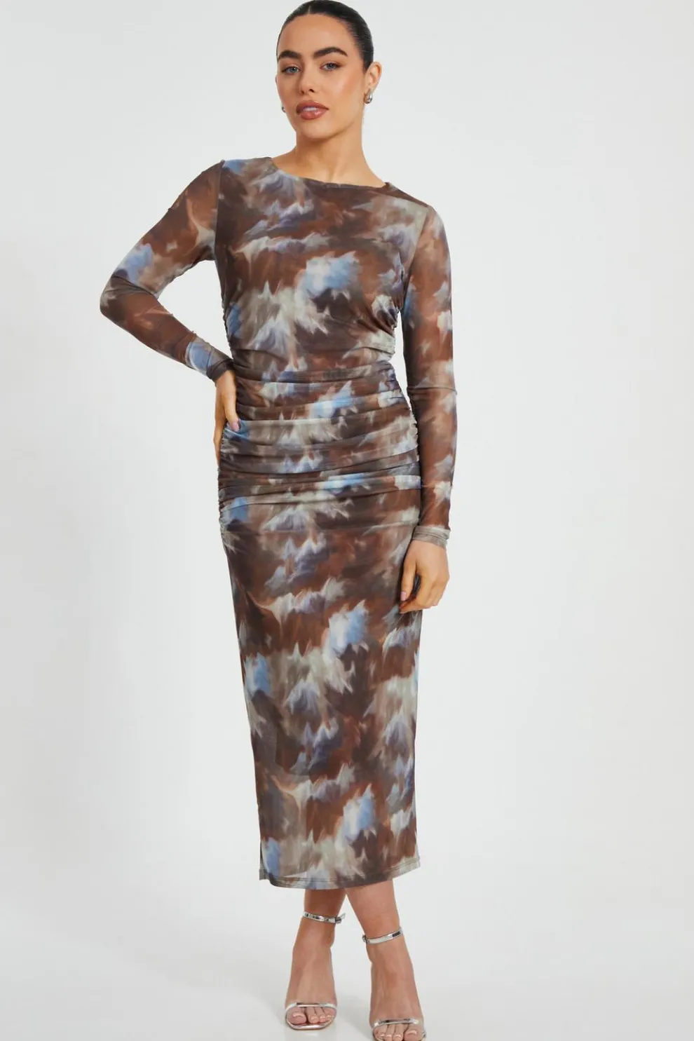 Petite Brown Mesh Midaxi Dress