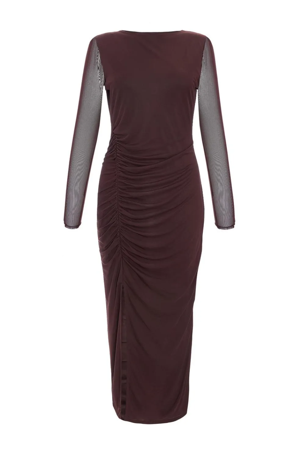 Petite Brown Mesh Long Sleeve Midaxi Dress