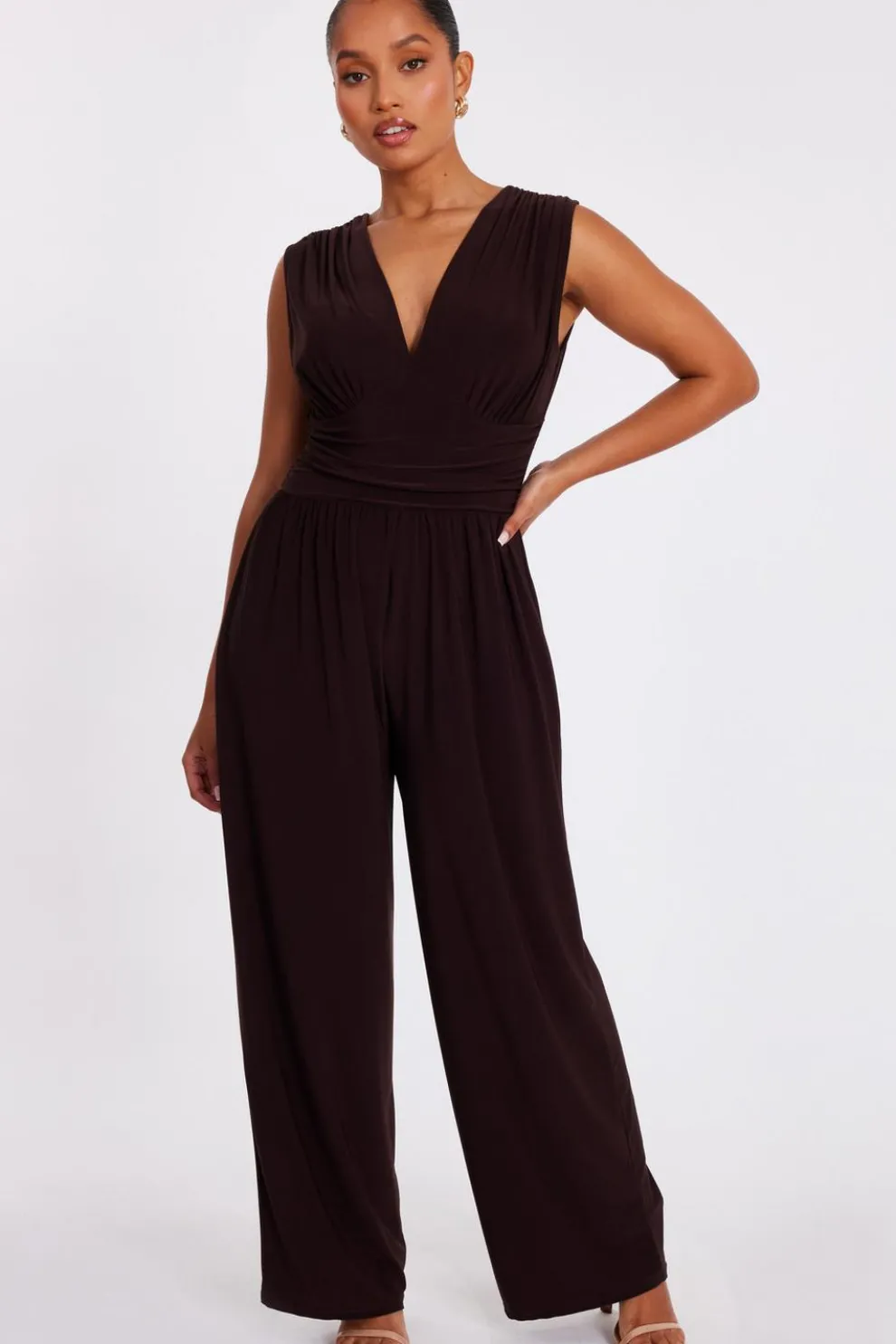 Petite Brown Ruched Jumpsuit