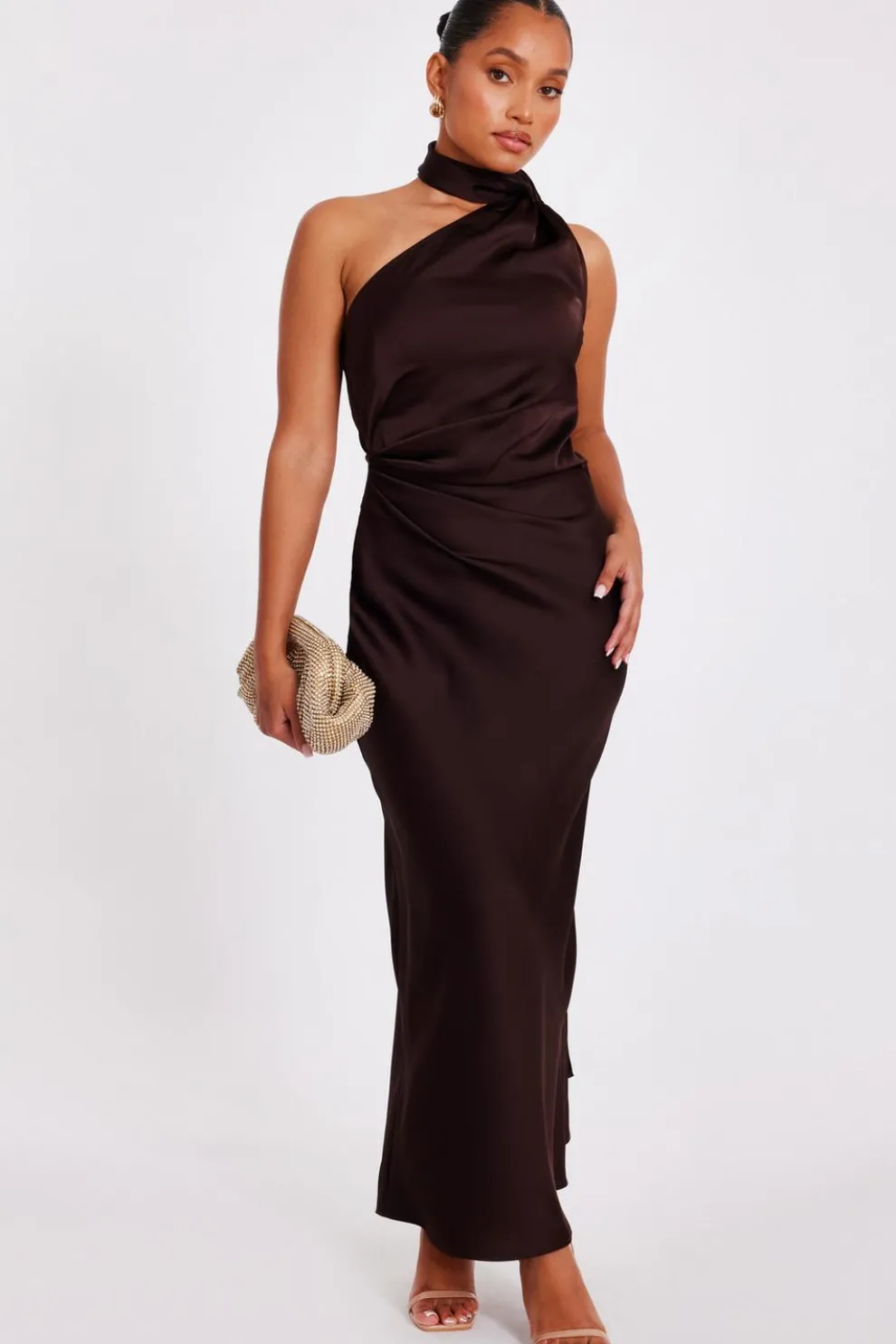 Petite Brown Satin Wrap Neck Maxi Dress