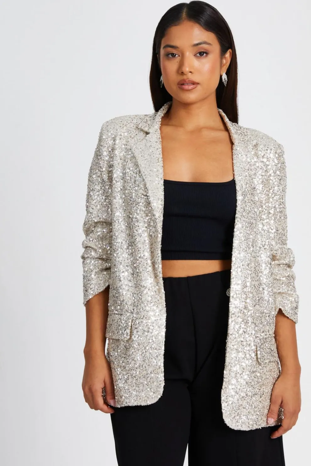 Petite Champagne Sequin Ruched Blazer