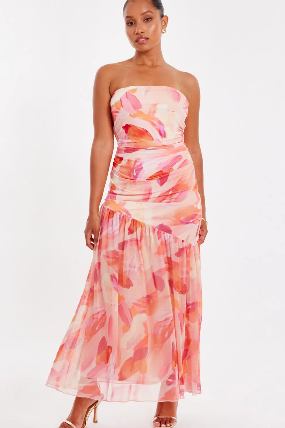 Petite Coral Mesh Floral Midaxi Dress