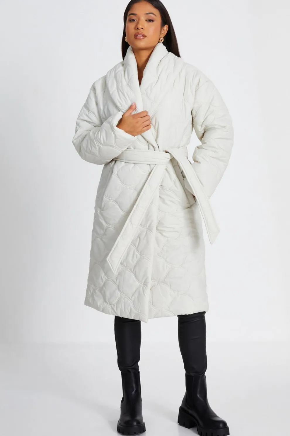Petite Cream Quilted Long Line Coat