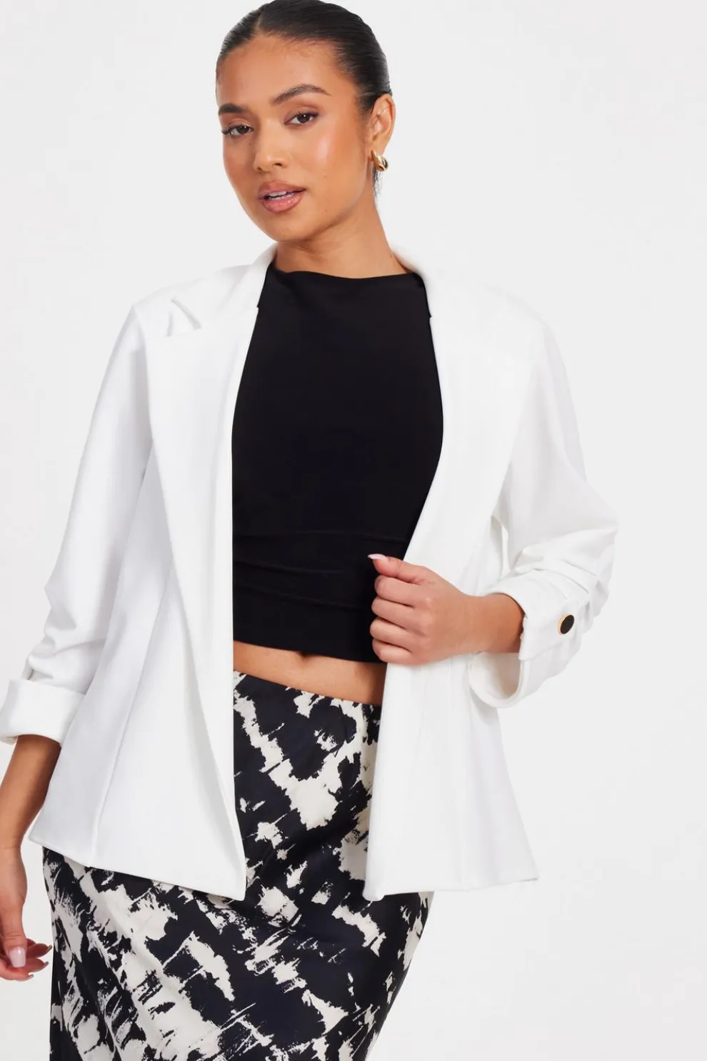 Petite Cream Ruched Sleeve Blazer