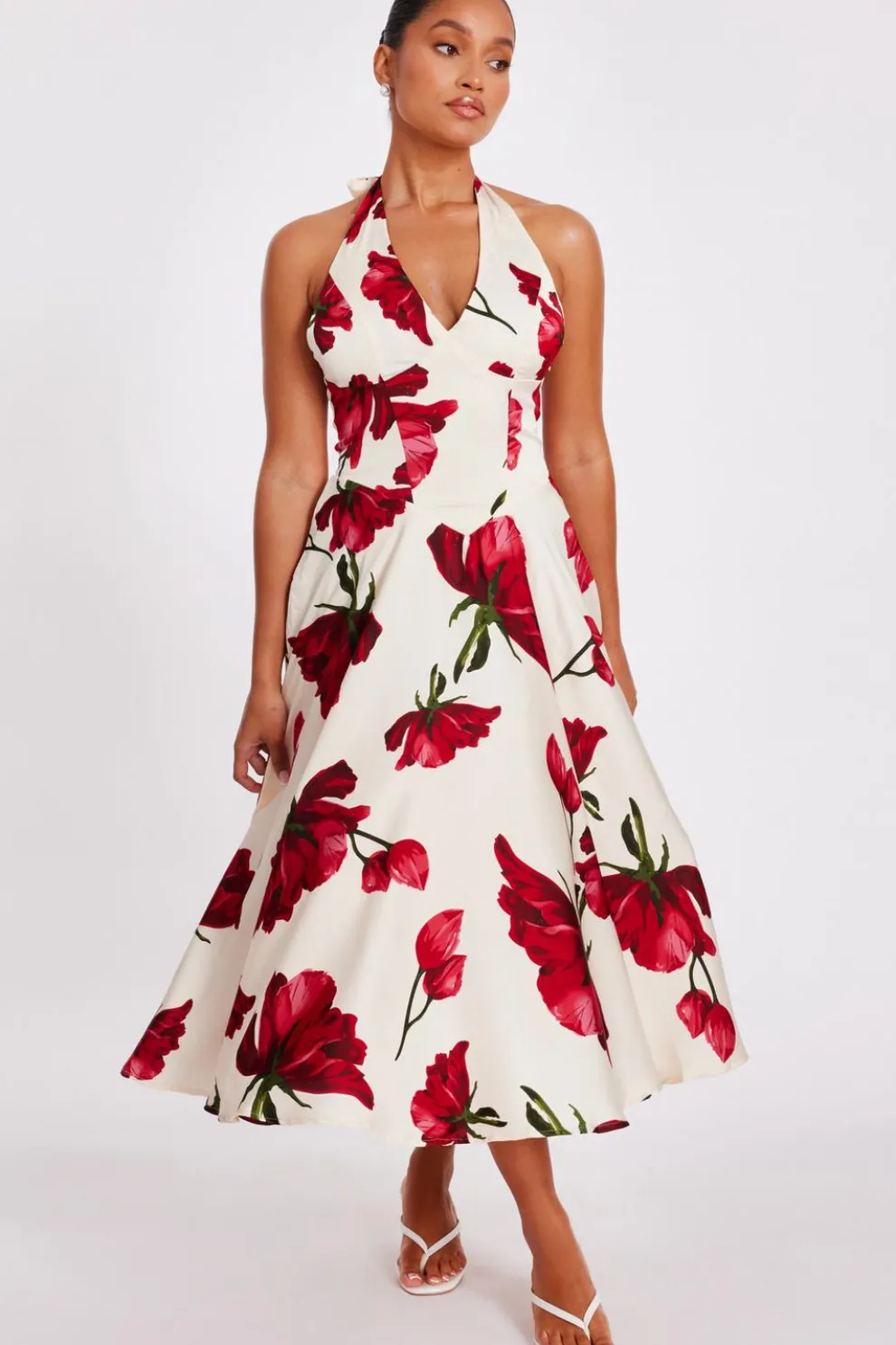Petite Cream Satin Rose Print Midi Dress