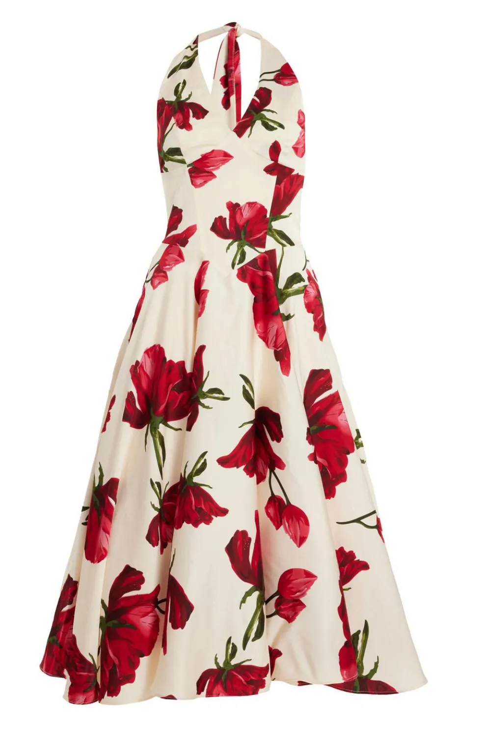 Petite Cream Satin Rose Print Midi Dress