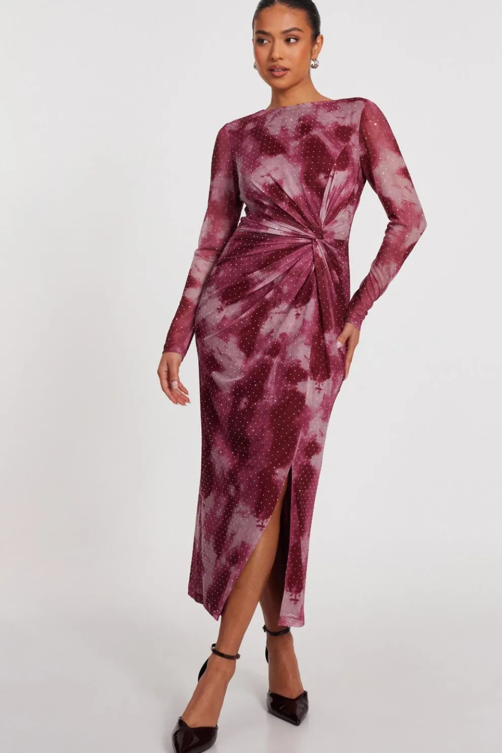 Petite Dark Pink Marble Print Midaxi Dress
