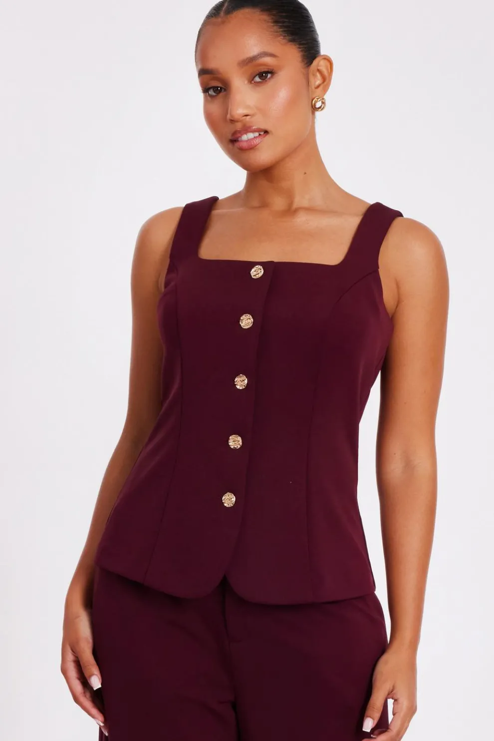 Petite Dark Red Button Front Waistcoat
