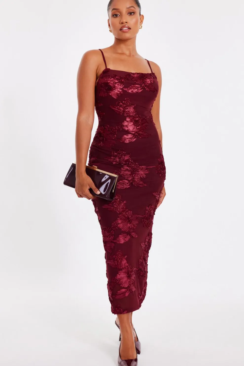 Petite Dark Red Floral Applique Midaxi Dress