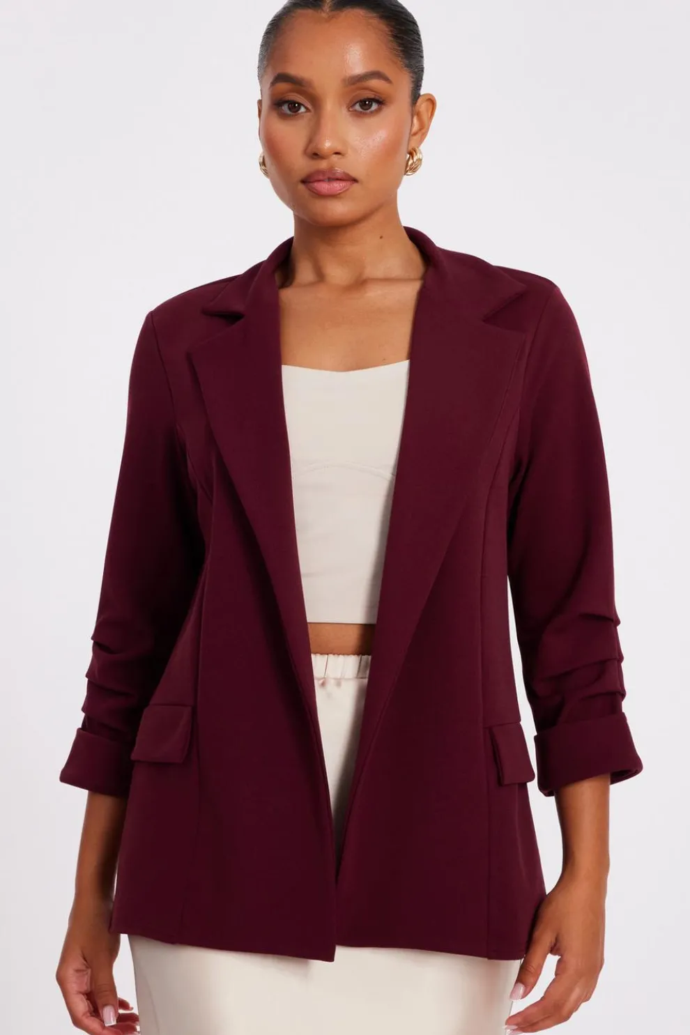Petite Dark Red Ruched Sleeve Blazer