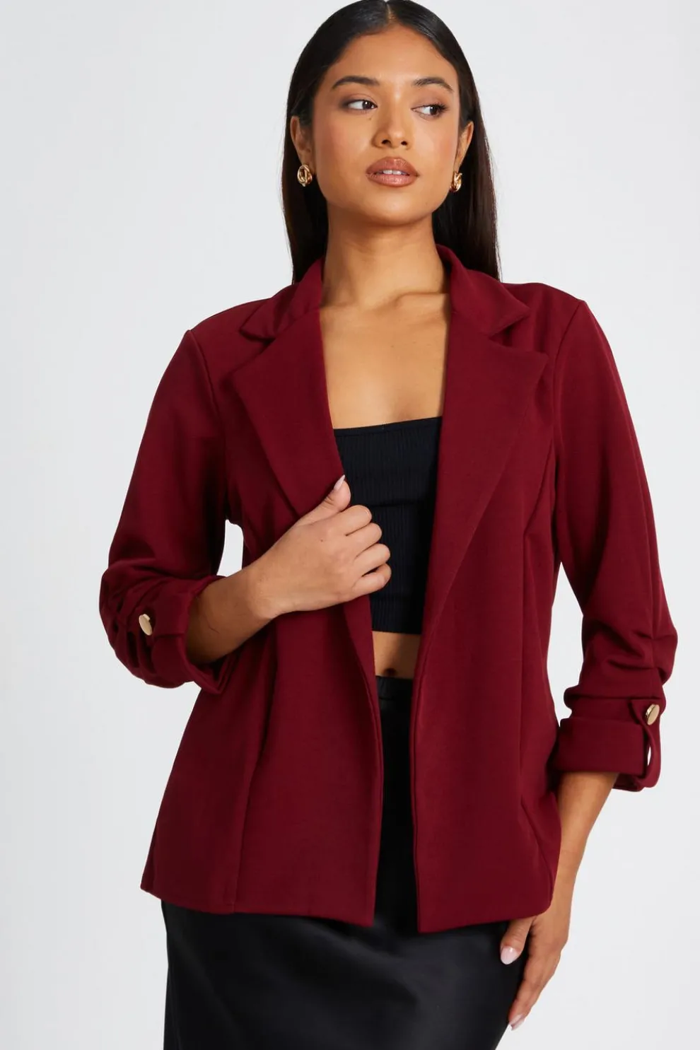 Petite Dark Red Ruched Sleeve Blazer