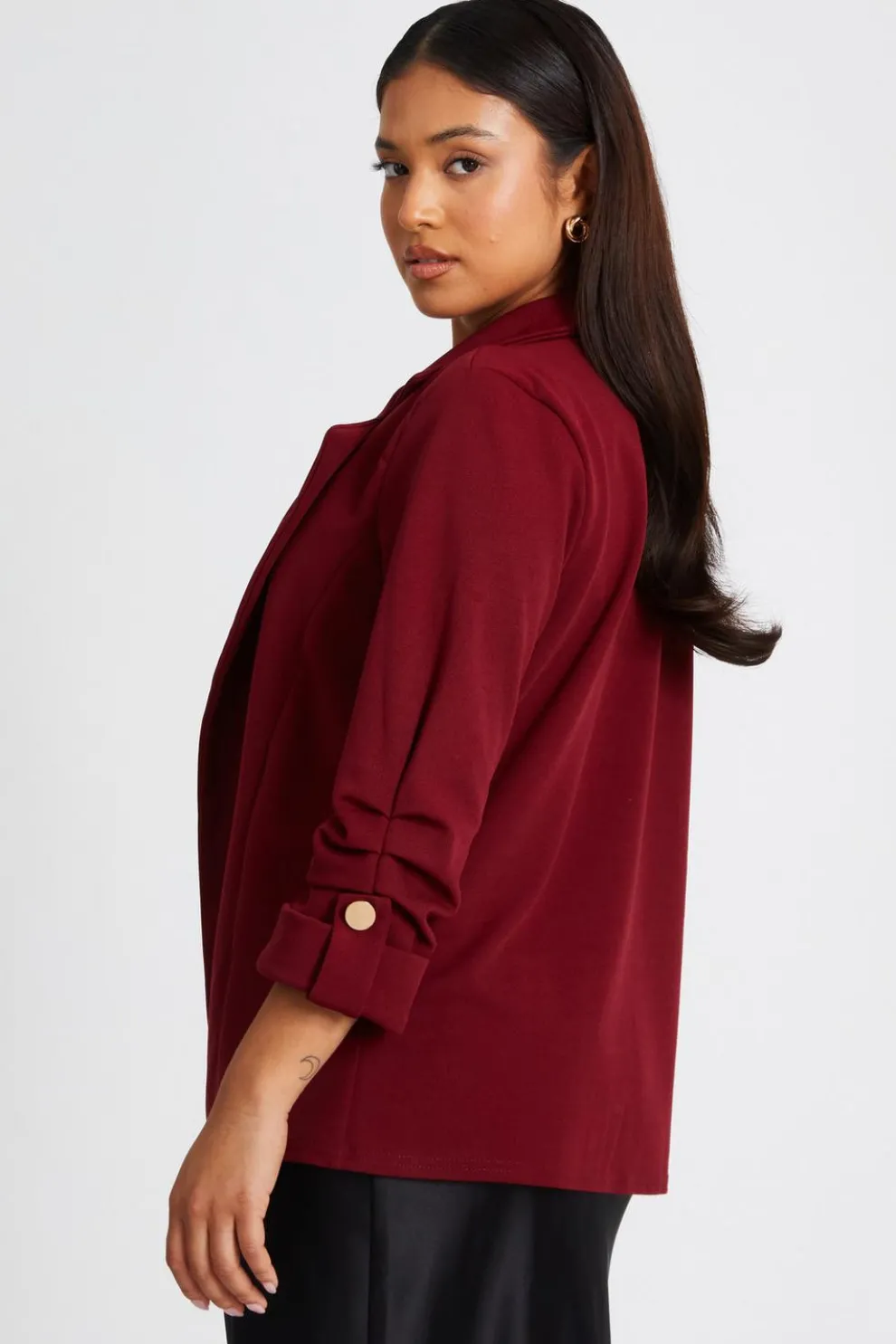 Petite Dark Red Ruched Sleeve Blazer