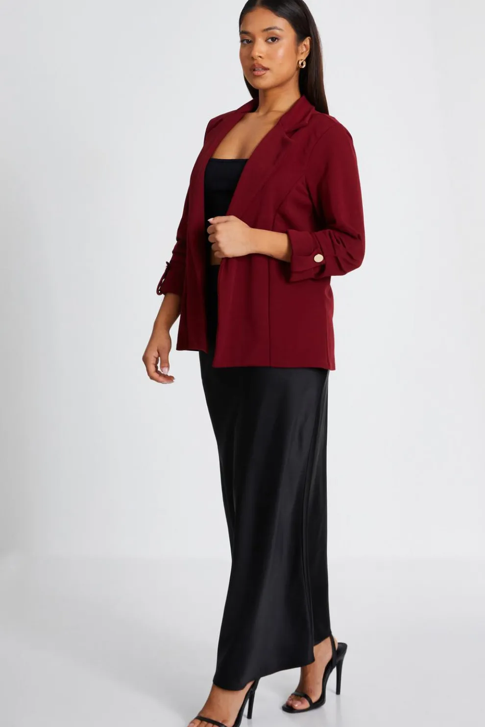 Petite Dark Red Ruched Sleeve Blazer