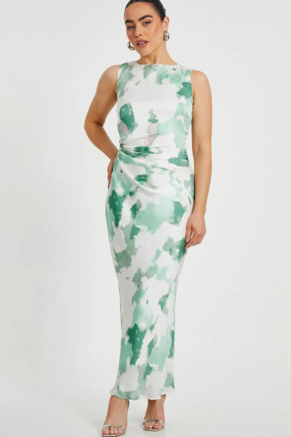 Petite Green Satin Marble Midaxi Dress