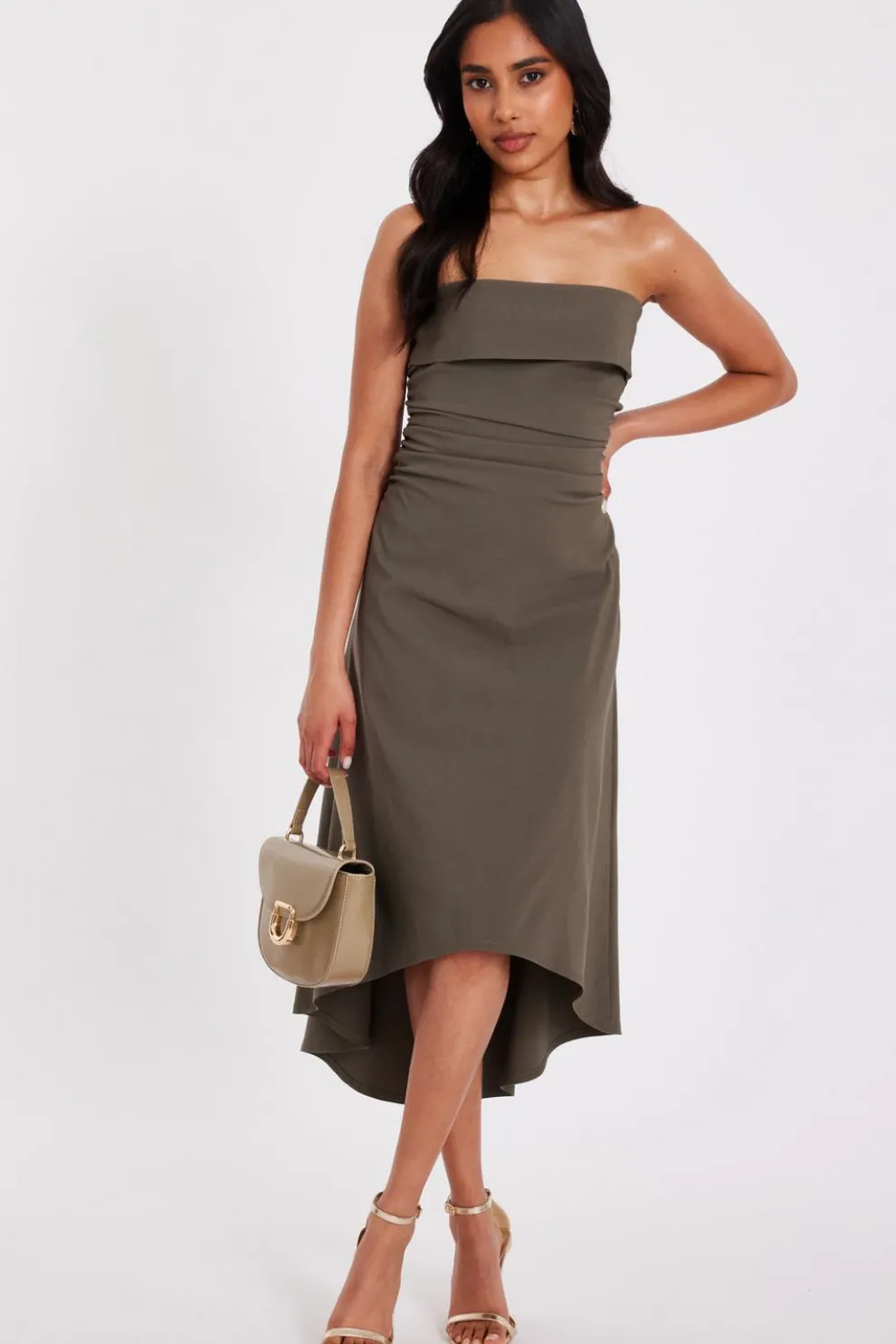 Petite Khaki Bandeau Midi Dress