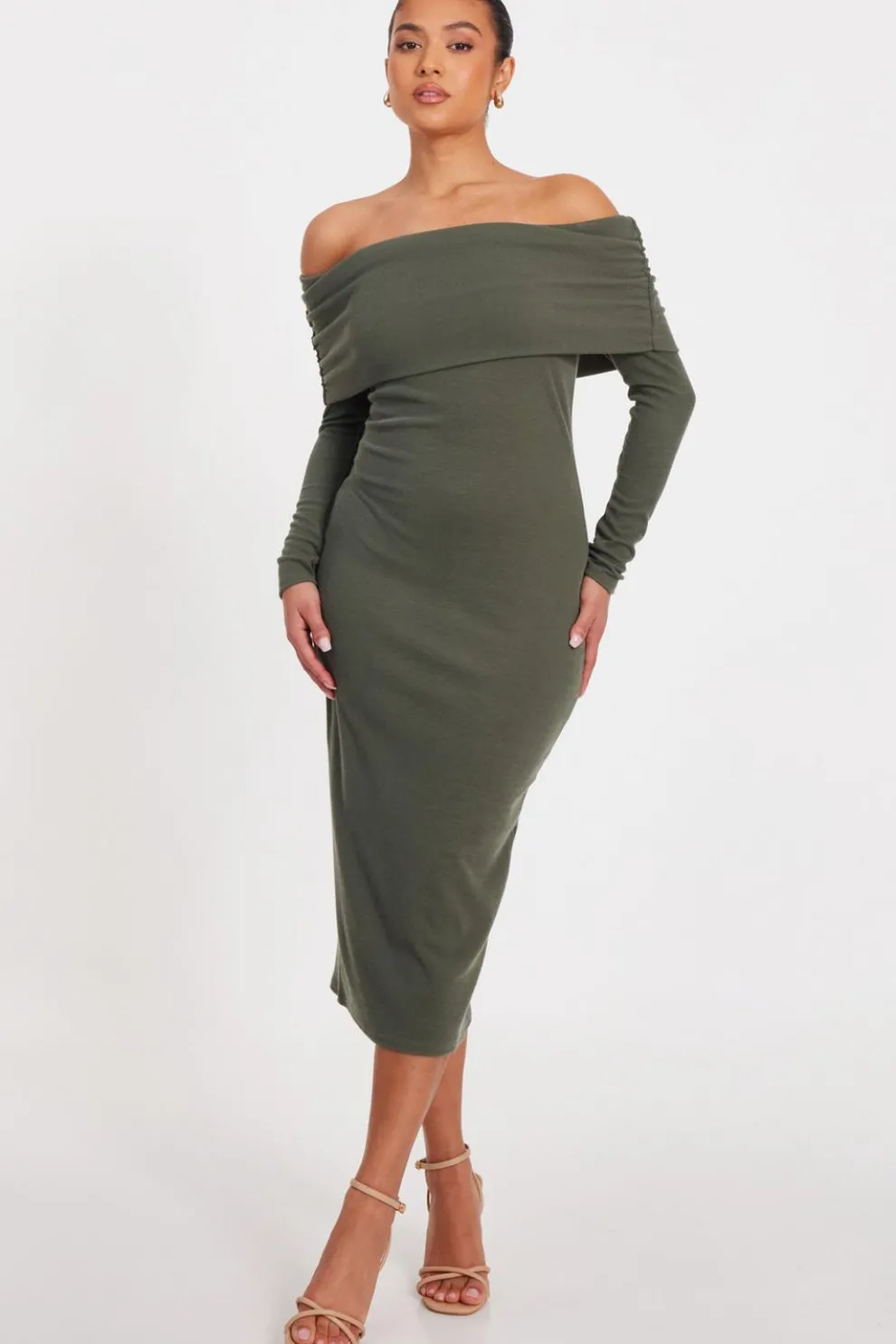 Petite Khaki Ribbed Bardot Midi Dress
