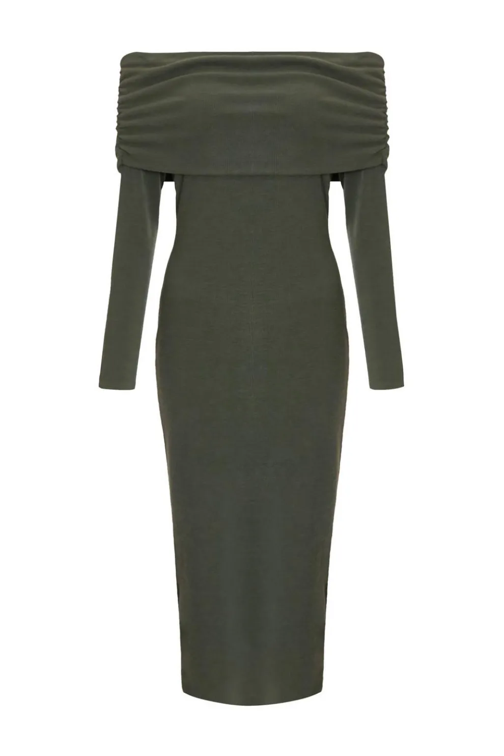 Petite Khaki Ribbed Bardot Midi Dress