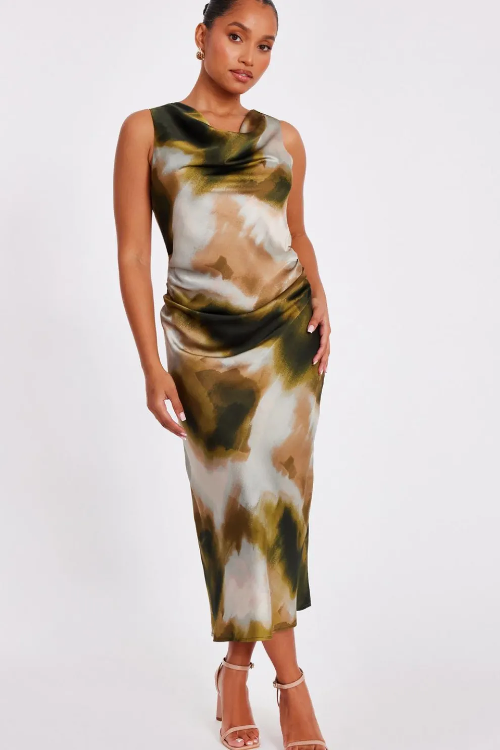 Petite Khaki Satin Printed Midaxi Dress