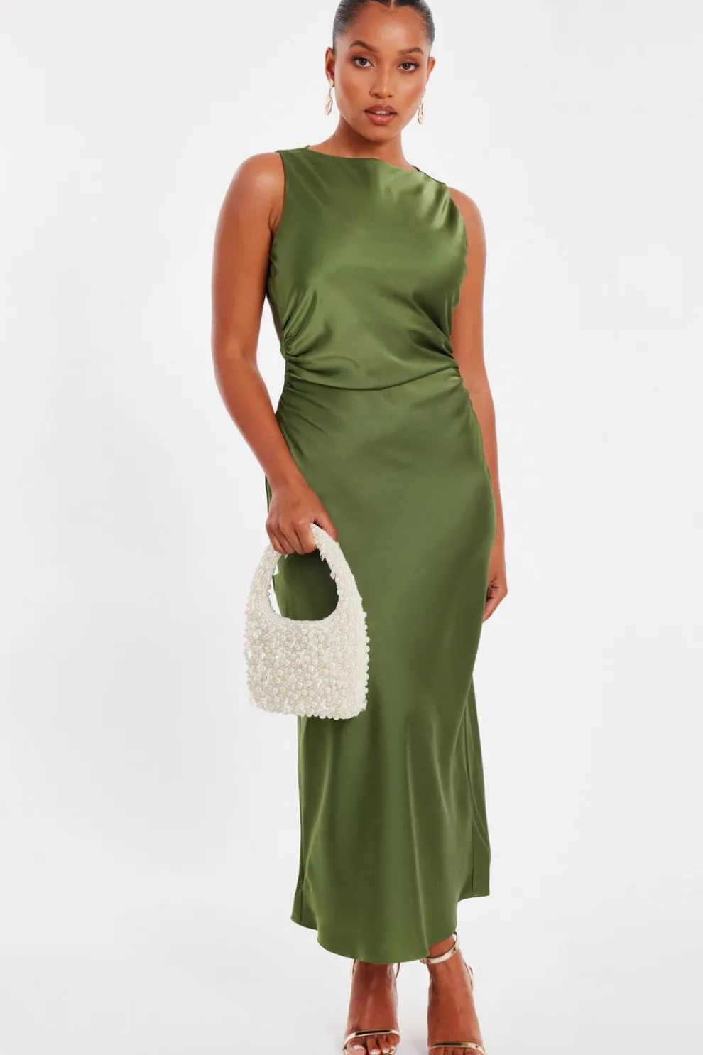 Petite Khaki Satin Ruched Midi Dress