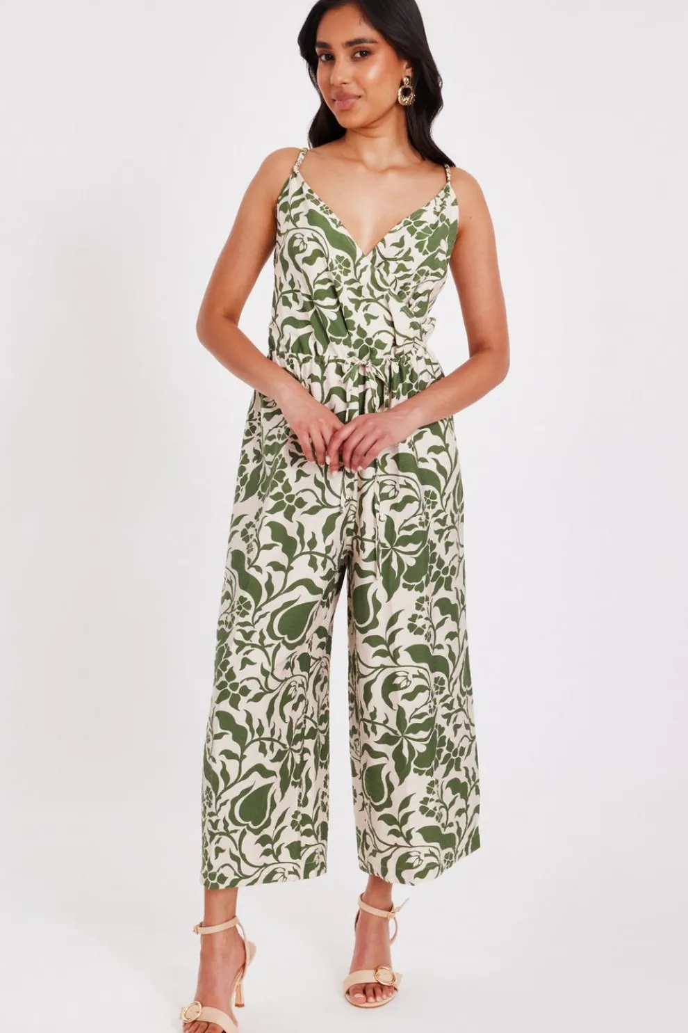 Petite Khaki Tropical Print Jumpsuit