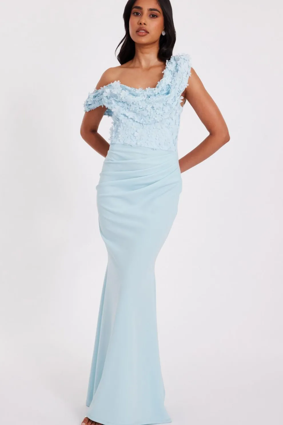 Petite Light Blue Floral Ruched Maxi Dress