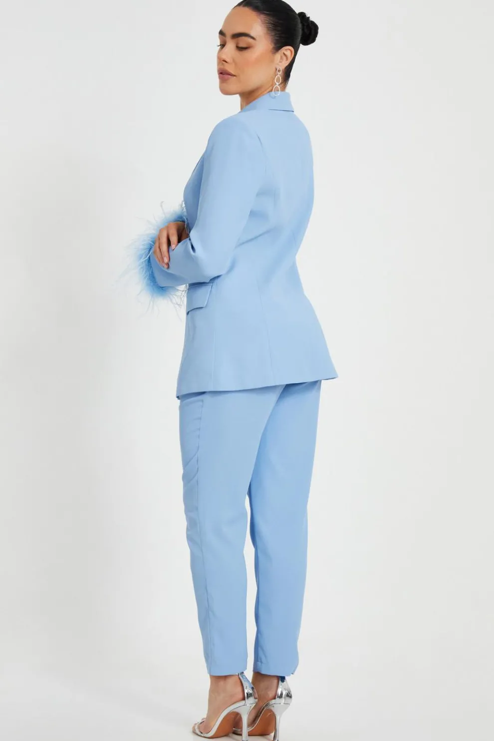 Petite Light Blue Feather Trim Blazer