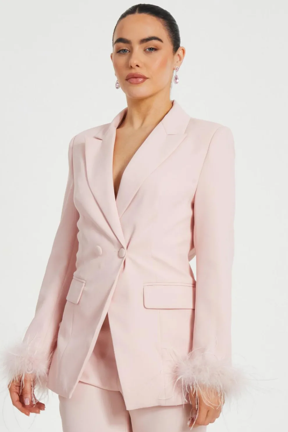 Petite Light Pink Feather Trim Blazer