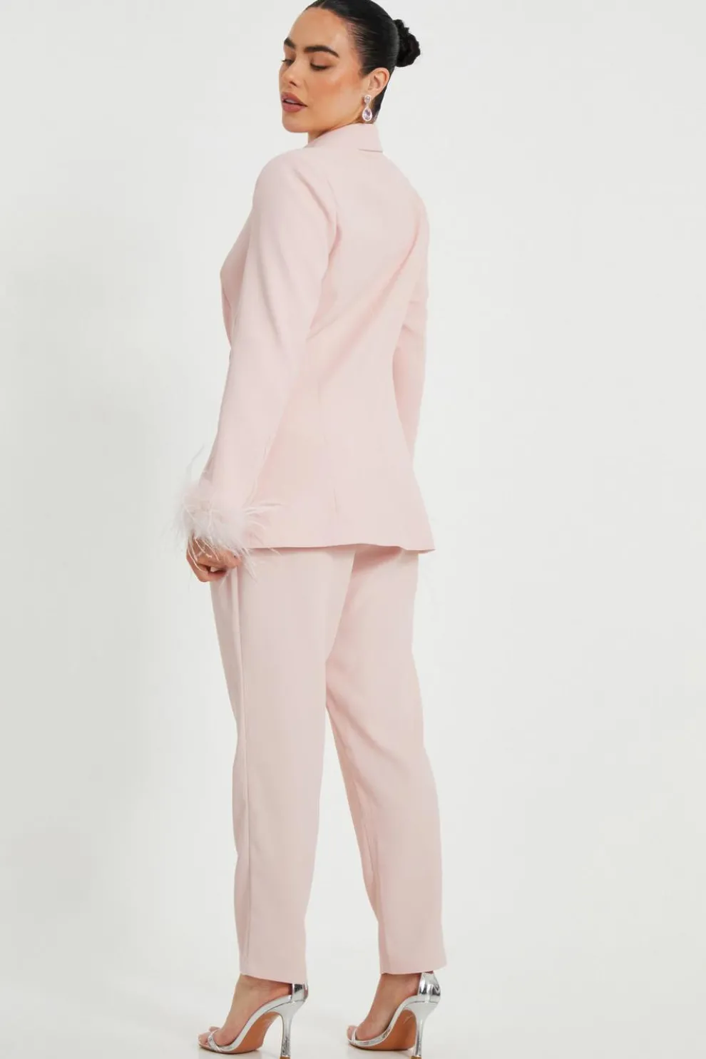 Petite Light Pink Feather Trim Blazer