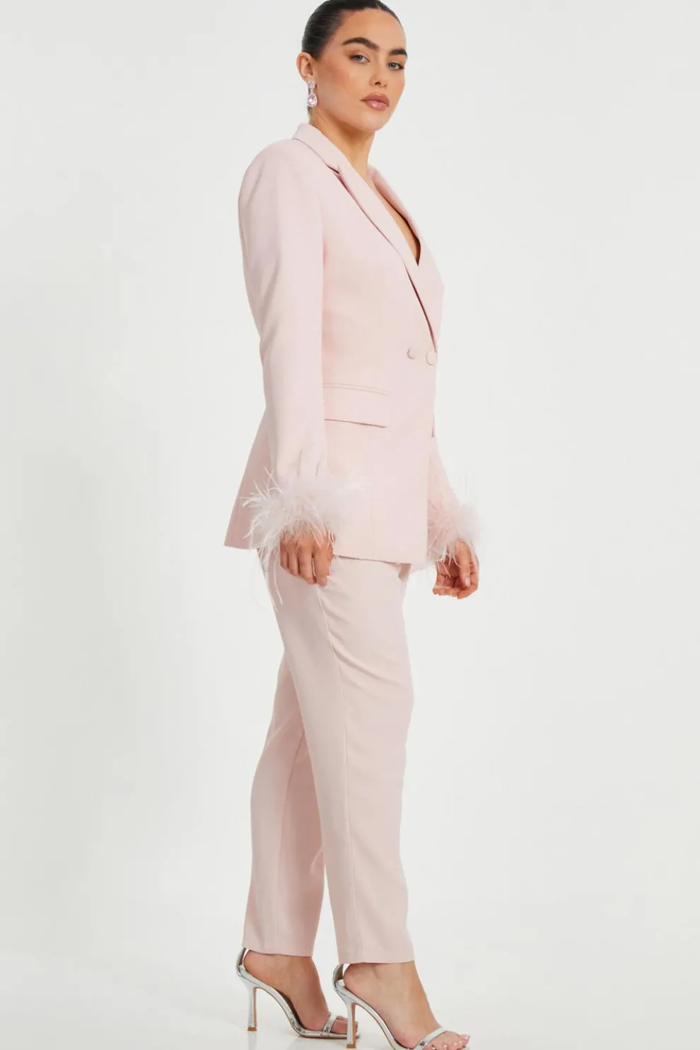 Petite Light Pink Feather Trim Blazer