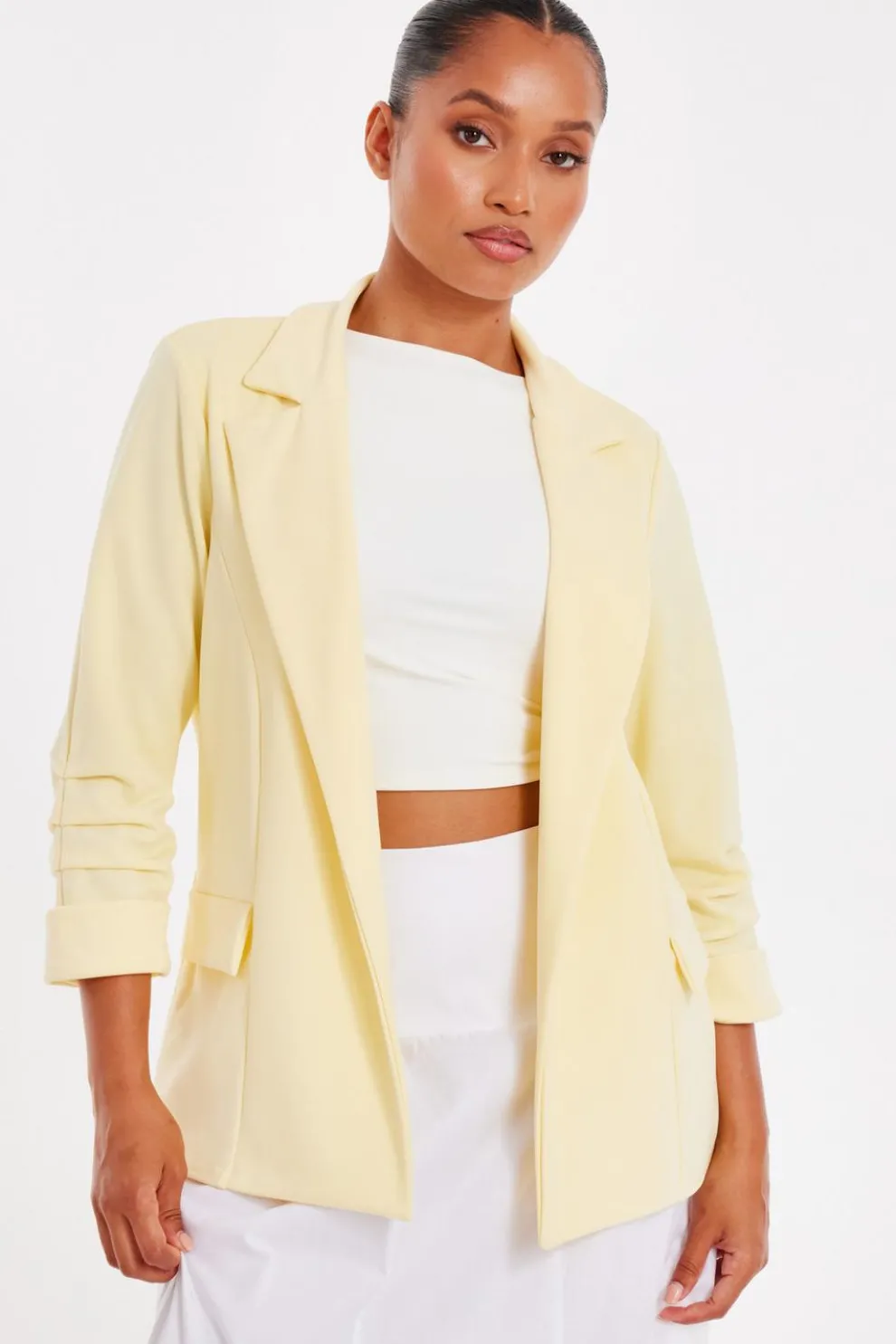 Petite Light Yellow Ruched Sleeve Blazer
