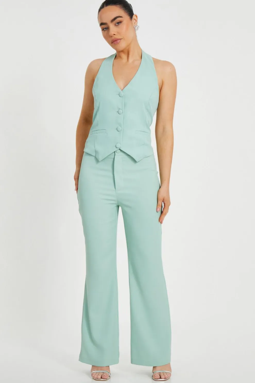 Petite Mint Flared Tailored Trousers