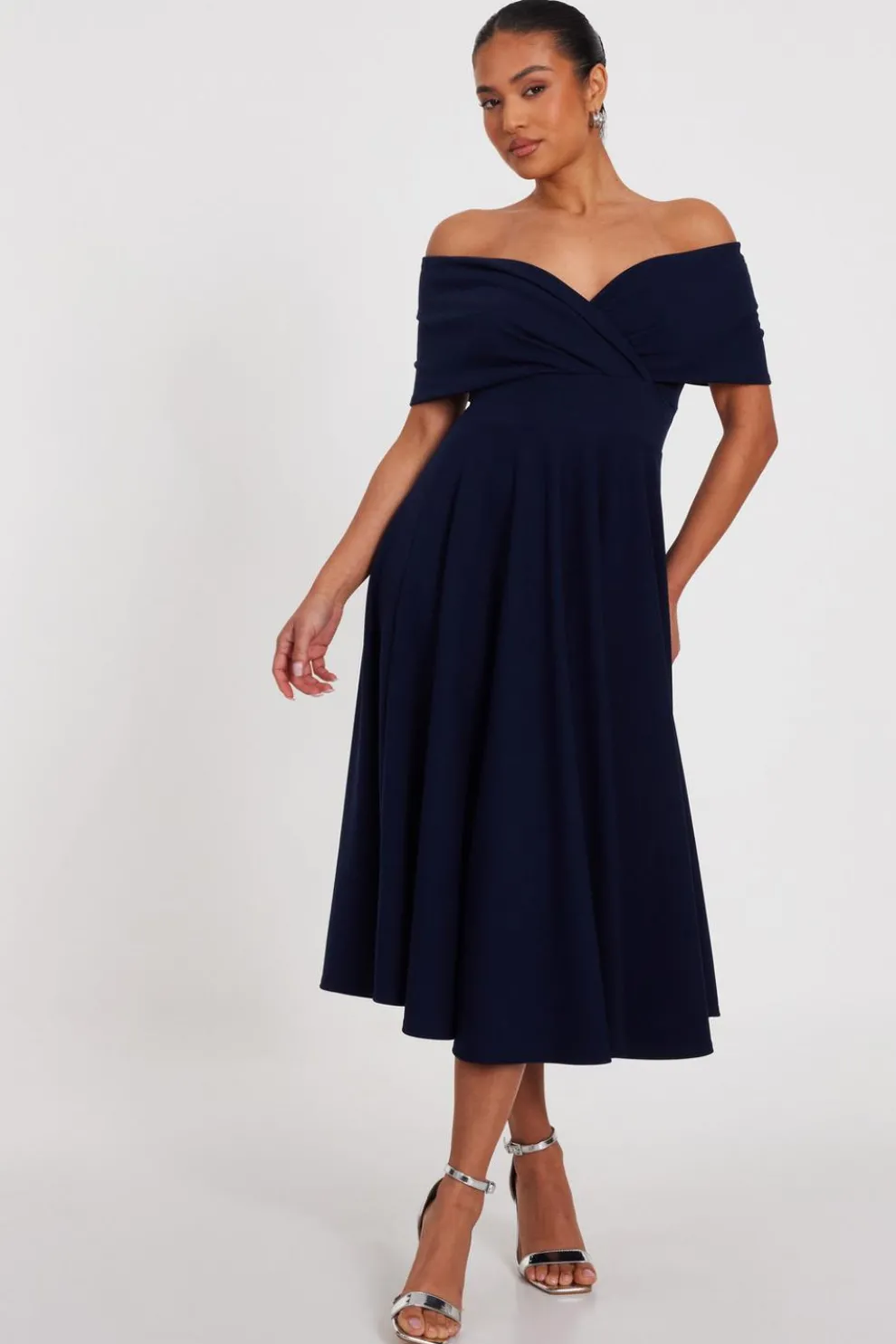 Petite Navy Bardot Midi Dress