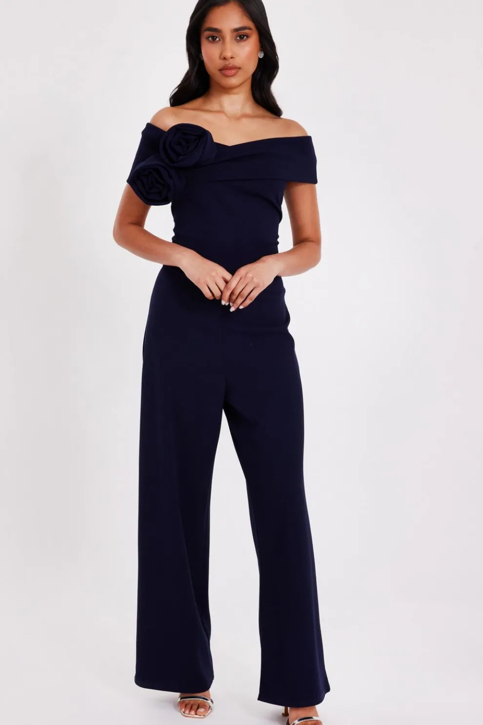 Petite Navy Bardot Floral Corsage Jumpsuit