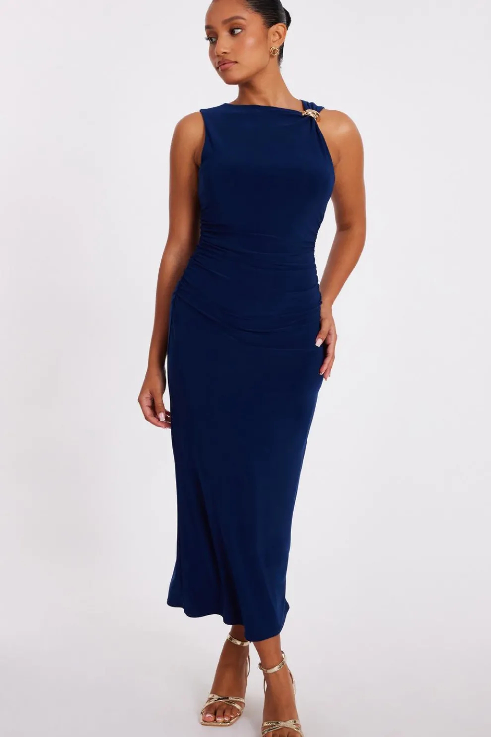Petite Navy Gold Buckle Midaxi Dress