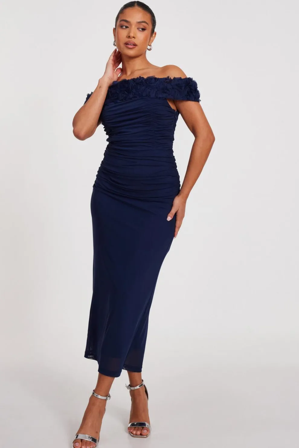 Petite Navy Mesh Bardot Midaxi Dress