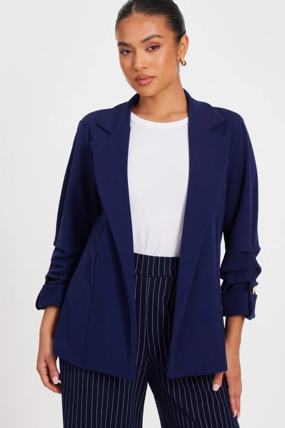 Petite Navy Ruched Sleeve Blazer