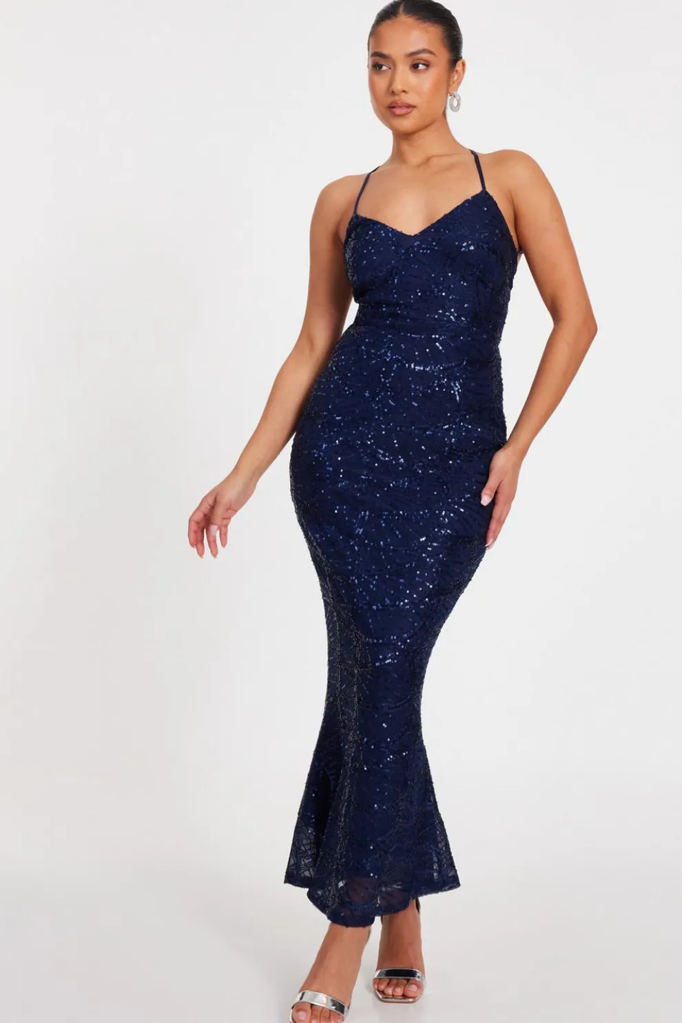 Petite Navy Sequin Fishtail Maxi Dress