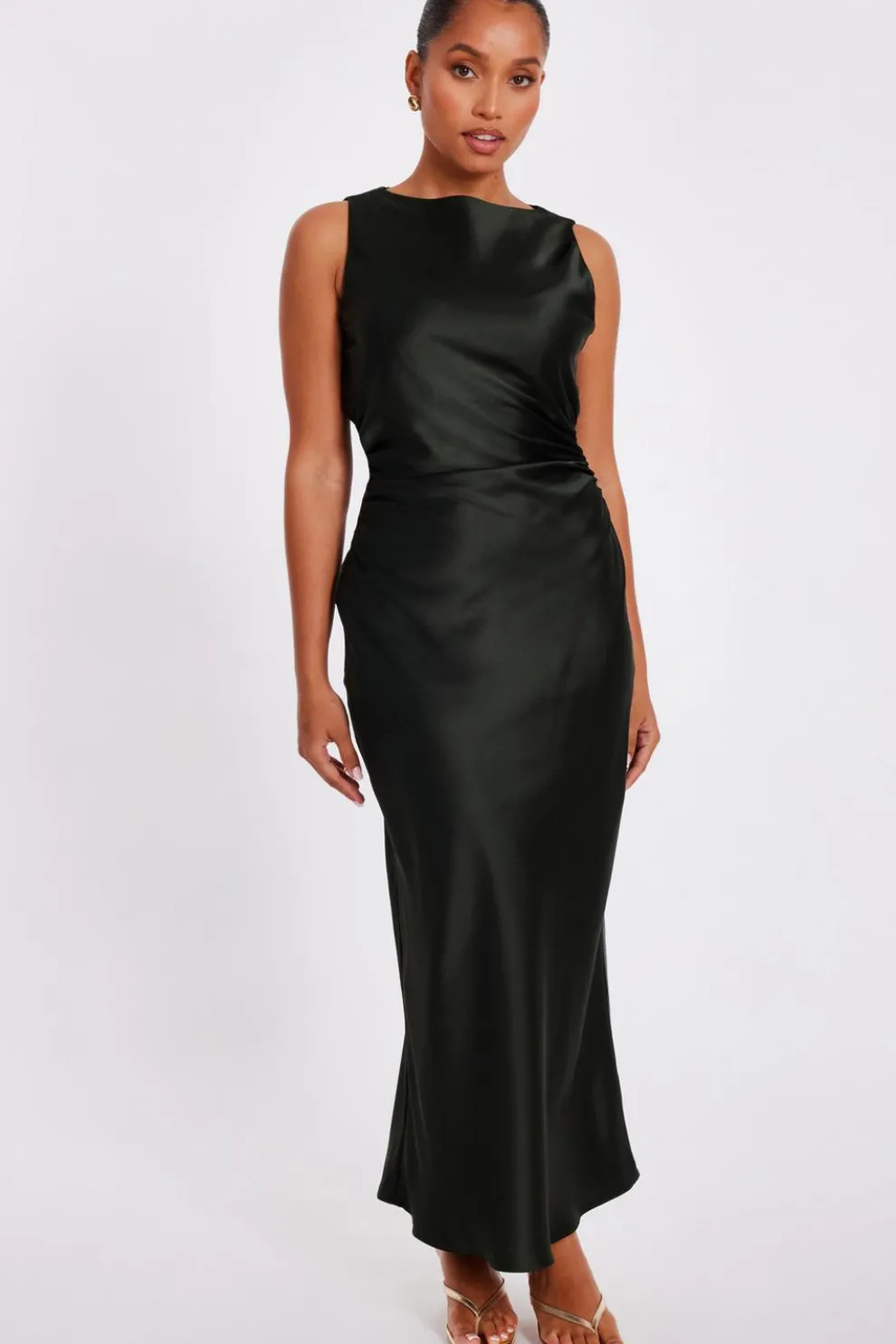 Petite Olive Satin Ruched Midaxi Dress