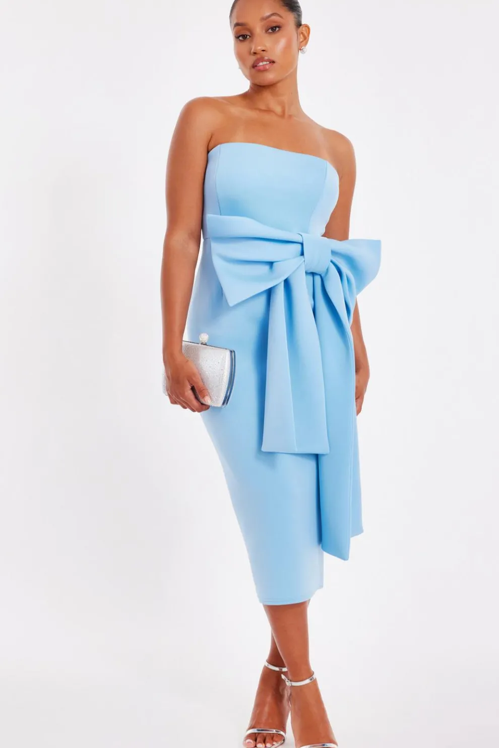 Petite Pale Blue Strapless Bow Midi Dress