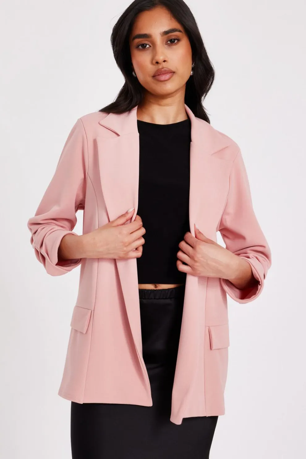 Petite Pink Ruched Sleeve Blazer
