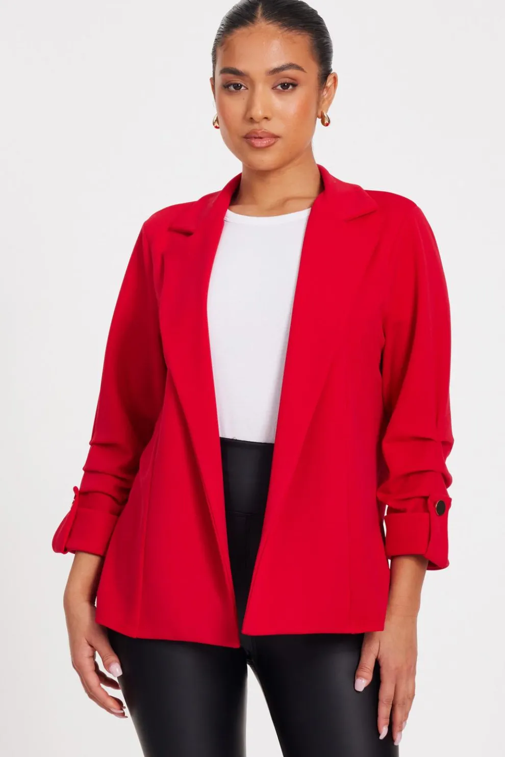 Petite Red Ruched Sleeve Blazer