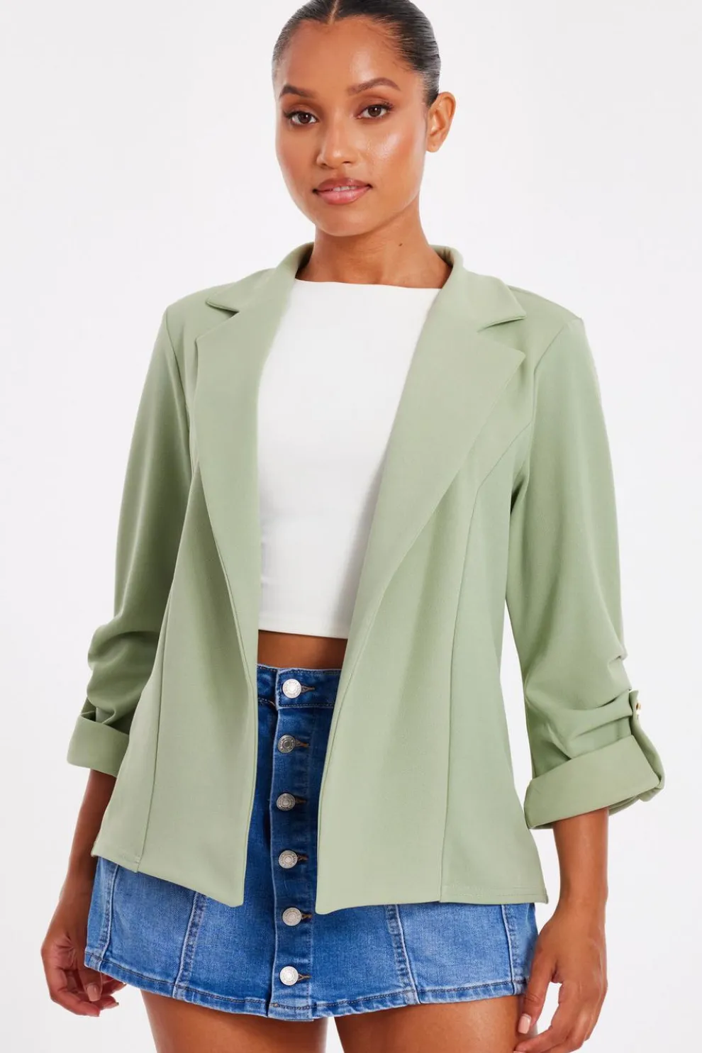 Petite Sage Ruched Sleeve Blazer