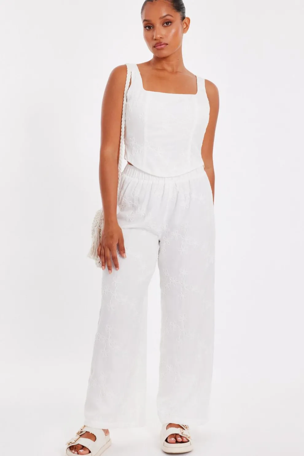 Petite White Embroidered Trousers