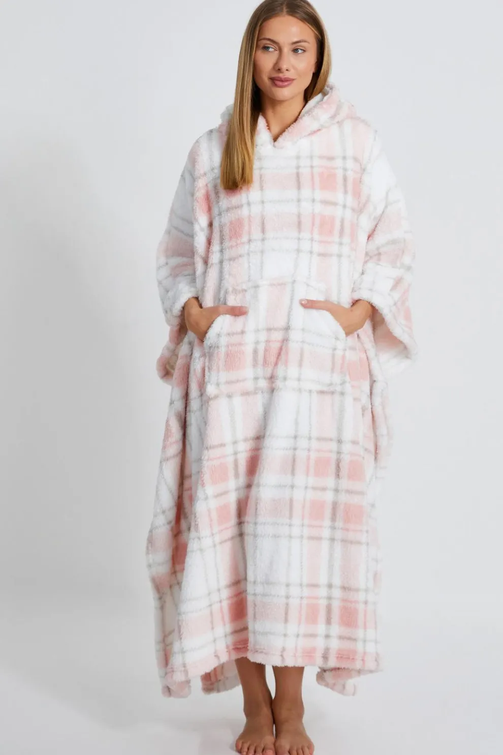 Pink Check Fleece Blanket Hoodie