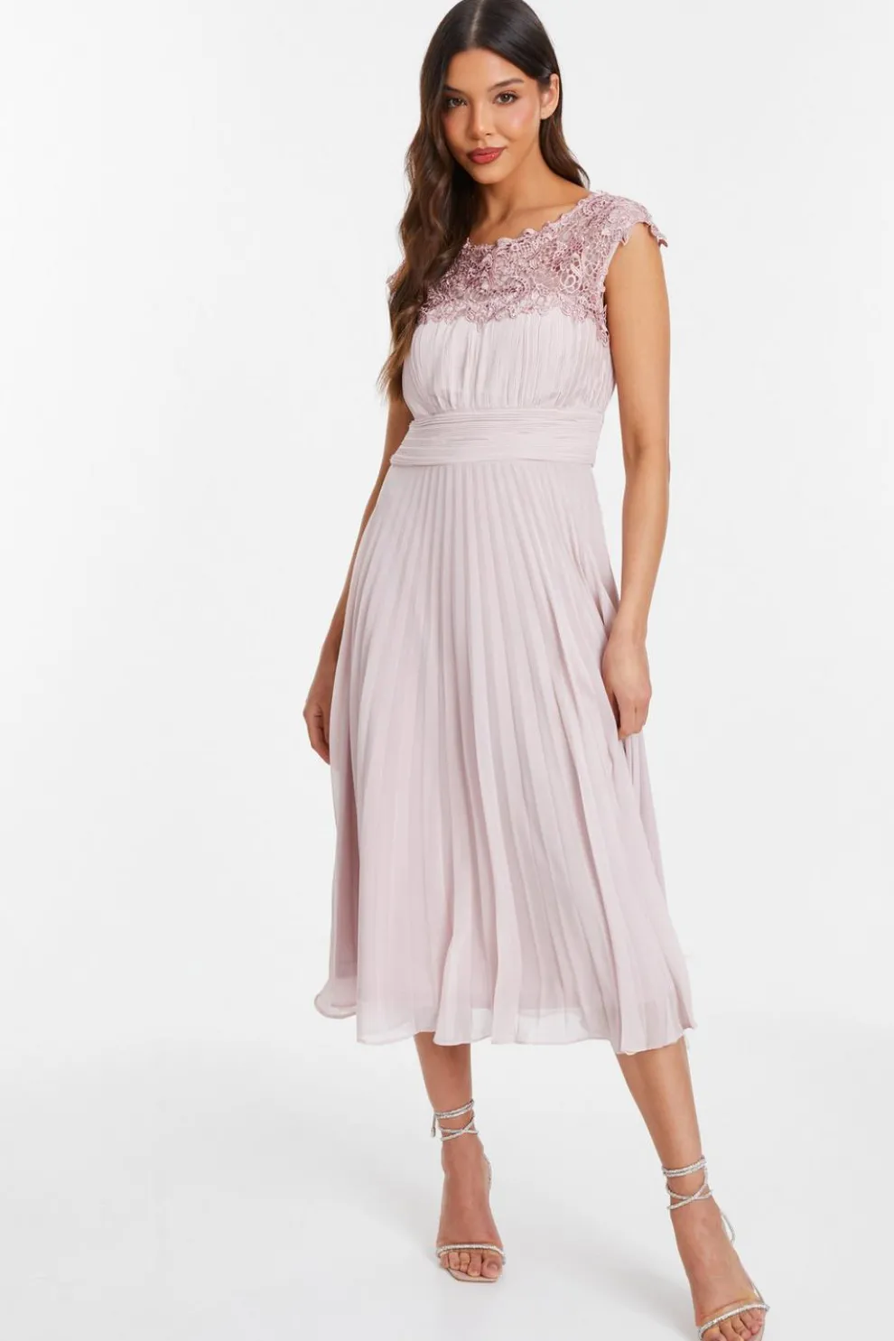 Pink Chiffon Embellished Pleated Midi Dress