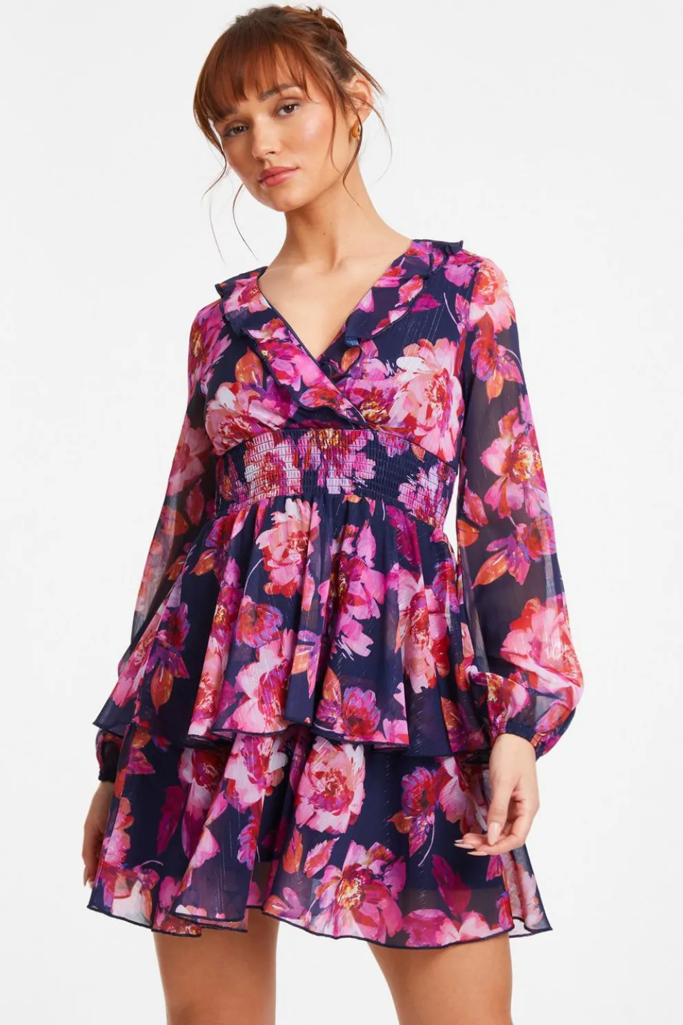 Pink Chiffon Floral Tiered Skater Mini Dress