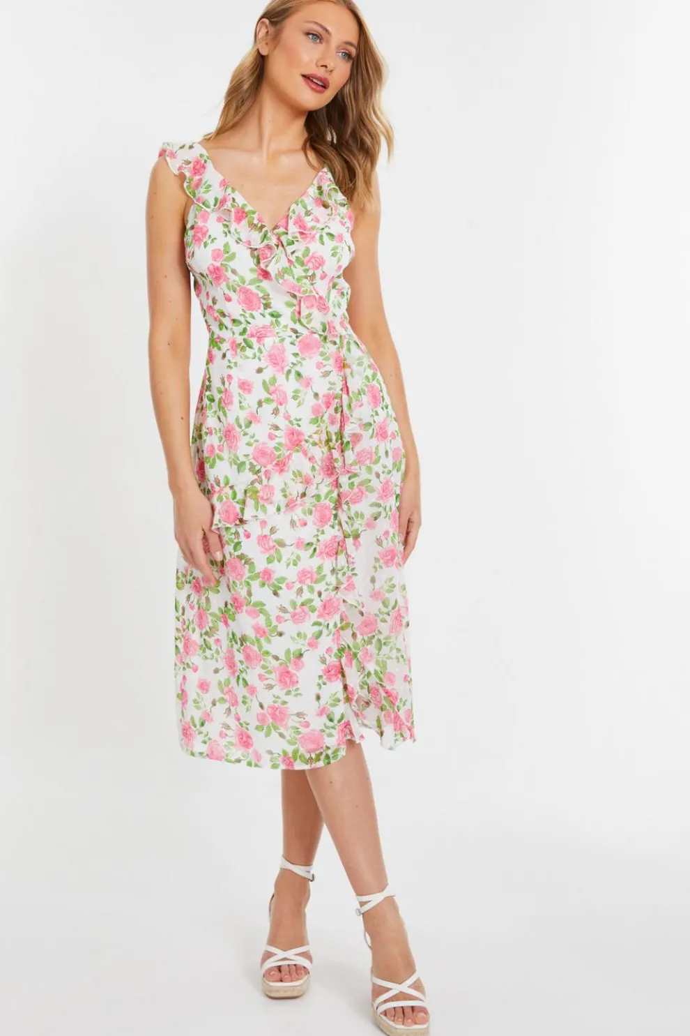 Pink Chiffon Floral Ruffle Wrap Midi Dress