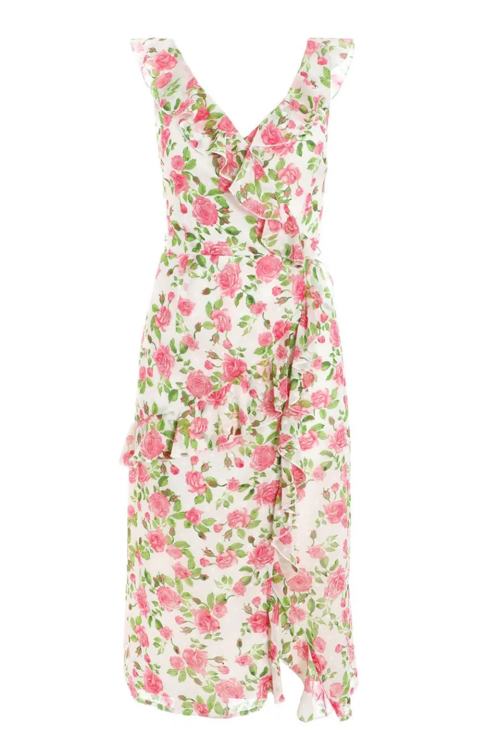 Pink Chiffon Floral Ruffle Wrap Midi Dress